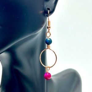 Handmade Copper Loop Earrings with Hot Pink Tiger Eye Gemstones
